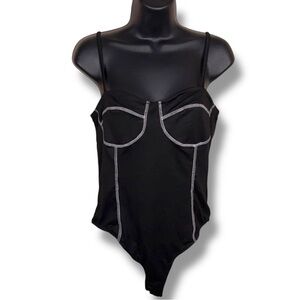 New Juniors Large Just Polly Black White Stitch Accent Bodysuit Top Sleeveless